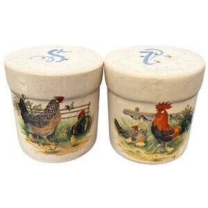 🐓 Vintage Crock Rooster Salt & Pepper Shakers Rustic Farmhouse Stoneware